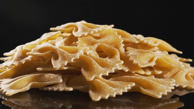 Close up of delicious uncooked farfalle pasta on a dark surface.