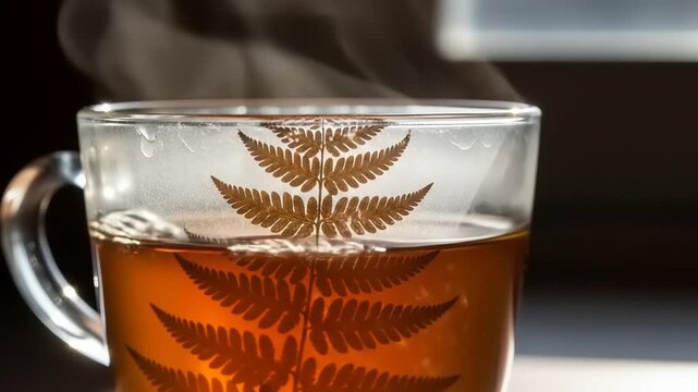 Close up of a steaming cup of tea with a fern leaf design.