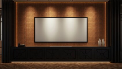 Blank poster displayed on a wooden wall above a modern black counter in an office lobby, perfect for advertising or branding concepts. 3D Rendering.