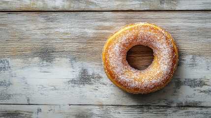 Sugared cruller donut ring resting on a light, modern wooden surface, highlighting texture, sweetness, and artisanal pastry presentation in a clean, minimalist setting.