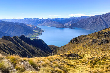 Panoramic Lake scenery of an alpine lake hiking up  the Isthmus track trail