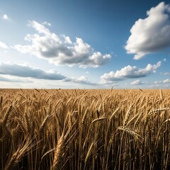 Golden Wheat Field Under a Blue Sky with Fluffy Clouds.