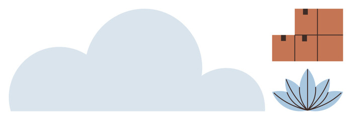 Cloud paired with stacked cardboard boxes and a lotus flower conveys storage, organization, and harmony. Ideal for logistics, cloud technology, balance, efficiency, mindfulness, sustainability