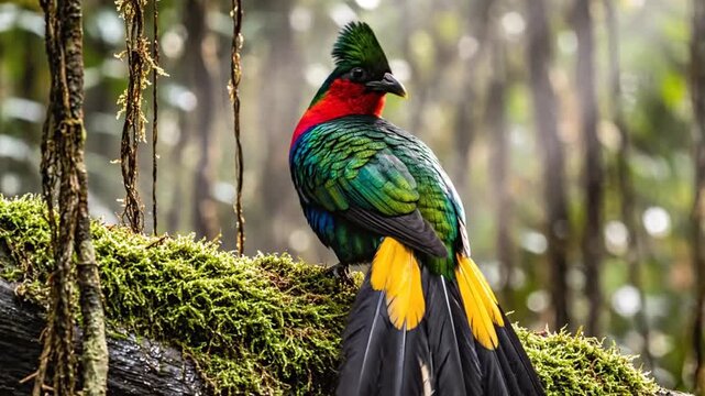 Magnificent resplendent quetzal perched on mossy branch in lush cloud forest scenery