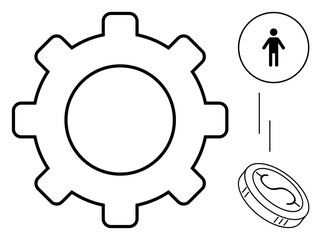 Large gear symbolizing process, person icon for workforce, and coin for budgeting. Ideal for process management, teamwork, human resources, finance, workflow, productivity simple flat metaphor