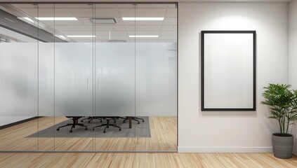 Blank canvas near business room with white armchairs and wooden table, black carpet on parquet floor. Advertisement board near meeting room entrance, 3D rendering no people