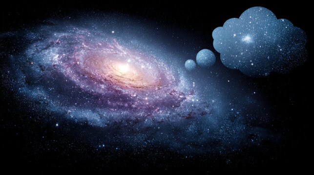 A thought bubble morphs seamlessly into a glowing holographic galaxy, blending human imagination with cosmic visualization. Ethereal, futuristic, and conceptual, ideal for creativity or tech themes.