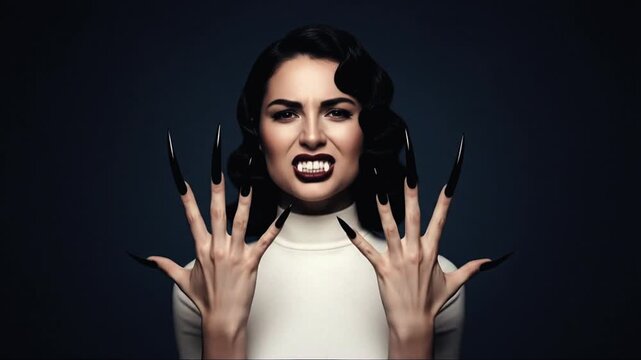Vintage Vampires with 60s Waves Growing Black Nails and Revealing Fangs in Gray Studio Close-Up