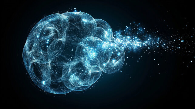 A thought bubble morphs seamlessly into a glowing holographic galaxy, blending human imagination with cosmic visualization. Ethereal, futuristic, and conceptual, ideal for creativity or tech themes.