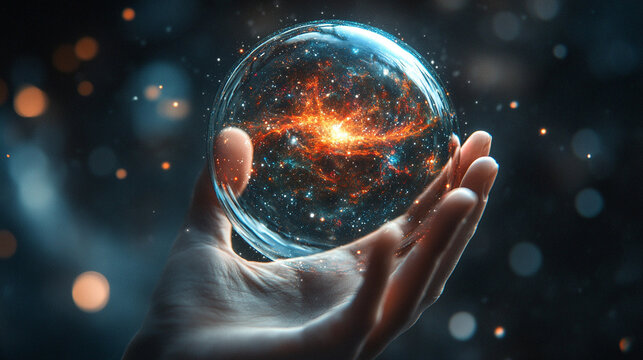 A thought bubble morphs seamlessly into a glowing holographic galaxy, blending human imagination with cosmic visualization. Ethereal, futuristic, and conceptual, ideal for creativity or tech themes.