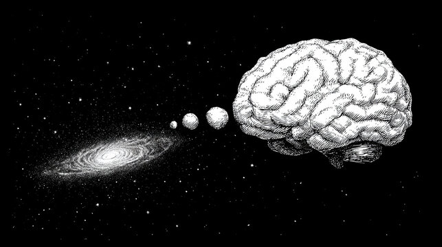 A thought bubble morphs seamlessly into a glowing holographic galaxy, blending human imagination with cosmic visualization. Ethereal, futuristic, and conceptual, ideal for creativity or tech themes.