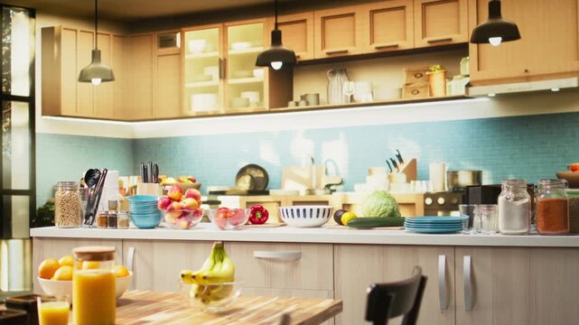Empty modern kitchen interior in a contemporary apartment. Bright space includes a clean table, stylish kitchenware, fresh fruits and condiments on the counter. Healthy cooking in cozy home.