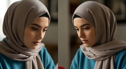 A thoughtful young woman wearing a hijab and a blue top, captured in a close-up portrait with a calm and focused expression in an indoor setting