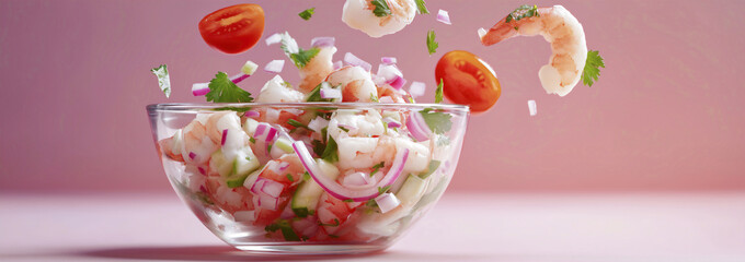 Dynamic Ceviche Ingredients Exploding into a Clear Glass Bowl