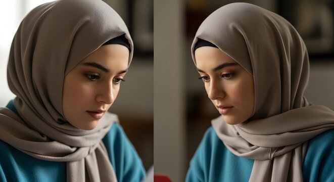 A thoughtful young woman wearing a hijab and a blue top, captured in a close-up portrait with a calm and focused expression in an indoor setting