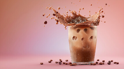 Dynamic Splash of Iced Mocha with Coffee Beans on Pink Background