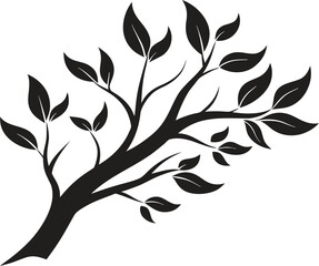 Black silhouette of a tree branch with leaves on transparent background vector illustration