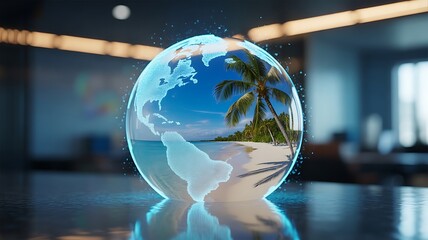 Digital globe displaying tropical beach and ocean with glowing continents , technology, travel, vacation, beach