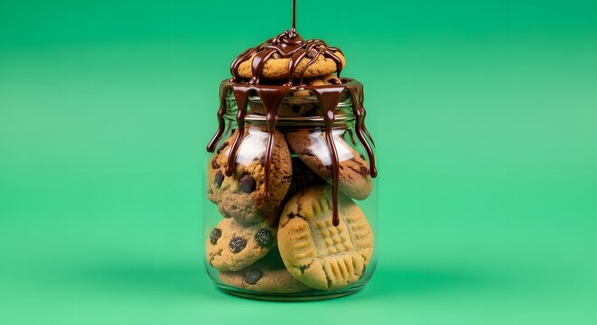 A glass jar filled with an assortment of colorful cookies and topped with chocolate drizzle, set against a vibrant green background - Powered by Adobe