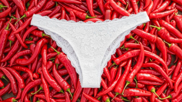 White lace lingerie creating a stark contrast against a bed of vibrant red chili peppers. Can be used as a concept for dating, relationships or sexually transmitted diseases
