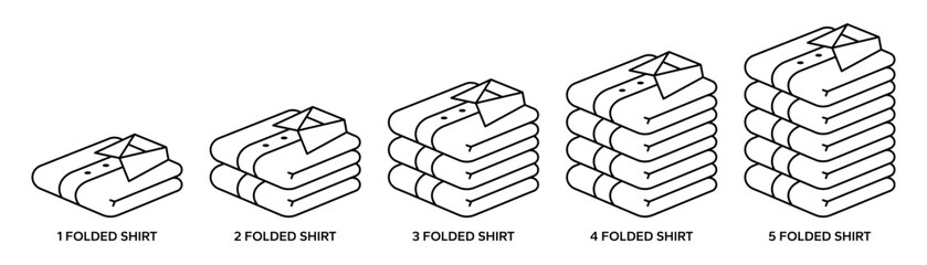 Folded shirt clothes icons set. Stack of folded shirts icons. Folded shirt clothes logo, label, badge, sign, symbol, emblem, stamp, black, flat, line, vector isolated illustration on white background.