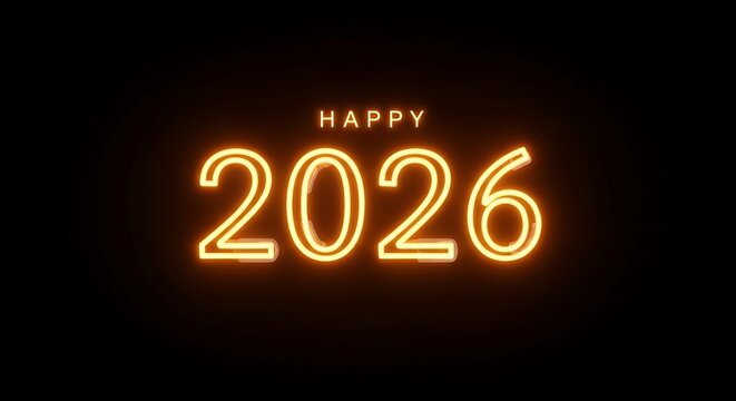 Glowing neon 2026 new year celebration on a dark background with a happy new year text