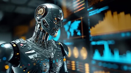 Futuristic humanoid robot interacting with a digital interface displaying data analytics and global maps - Powered by Adobe