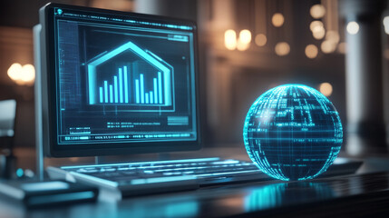 Virtual bank concept featuring a glowing financial data sphere, representing digital currency, analytics, and futuristic fintech in a luminous, high-tech abstract environment.