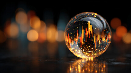 Virtual bank concept featuring a glowing financial data sphere, representing digital currency, analytics, and futuristic fintech in a luminous, high-tech abstract environment.