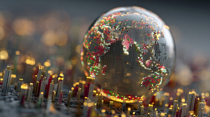 Virtual bank concept featuring a glowing financial data sphere, representing digital currency, analytics, and futuristic fintech in a luminous, high-tech abstract environment.