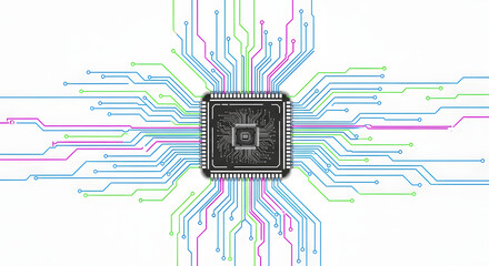 Intricate microchip architecture radiating vibrant data pathways, symbolizing advanced computing and digital connectivity evolution