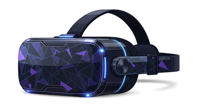 Futuristic virtual reality headset with glowing purple geometric patterns for immersive gaming