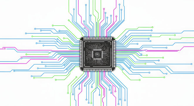 Intricate microchip architecture radiating vibrant data pathways, symbolizing advanced computing and digital connectivity evolution