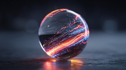 Virtual bank concept featuring a glowing financial data sphere, representing digital currency, analytics, and futuristic fintech in a luminous, high-tech abstract environment.