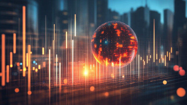 Virtual bank concept featuring a glowing financial data sphere, representing digital currency, analytics, and futuristic fintech in a luminous, high-tech abstract environment.