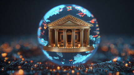 Virtual bank concept featuring a glowing financial data sphere, representing digital currency, analytics, and futuristic fintech in a luminous, high-tech abstract environment.