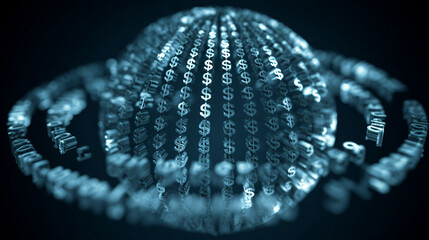 Virtual bank concept featuring a glowing financial data sphere, representing digital currency, analytics, and futuristic fintech in a luminous, high-tech abstract environment.