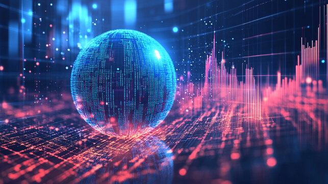 Virtual bank concept featuring a glowing financial data sphere, representing digital currency, analytics, and futuristic fintech in a luminous, high-tech abstract environment.