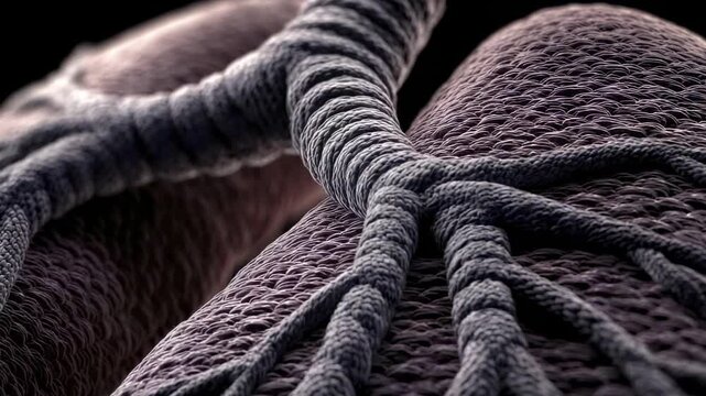 A close-up digital illustration of bifurcating airways with a segmented texture branching across the surface of internal organ tissue