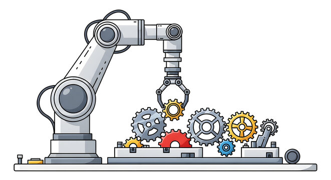Automated robotic arm efficiently assembling intricate gears, symbolizing modern industrial technology and advanced manufacturing processes