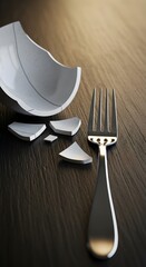 A broken ceramic plate with a fork on a wooden surface, illustrating an accident or mishap involving kitchenware