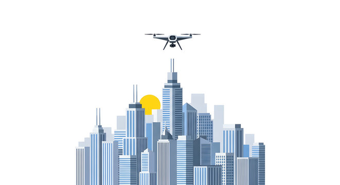 Drone Flying Above City Skyline With Sun Illustration of Urban Technology and Aerial View
