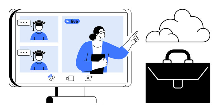 Instructor teaching live session with students on screen, cloud icon, and business briefcase. Ideal for e-learning, remote work, digital training, collaboration, video conferencing, education
