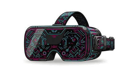 Futuristic virtual reality head-mounted display adorned with radiant circuit board graphics, enabling captivating exploration of digital realms and immersive applications
