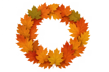 Autumn maple leaves forming a round wreath, fall seasonal decoration and frame on transparent background