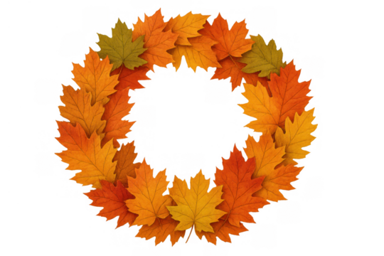 Autumn maple leaves forming a round wreath, fall seasonal decoration and frame on transparent background