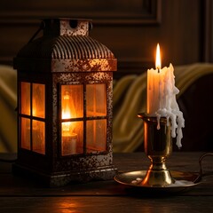 A rustic lantern and a lit candle on a wooden surface create a warm, cozy ambiance in a dimly lit room, evoking feelings of comfort and tranquility