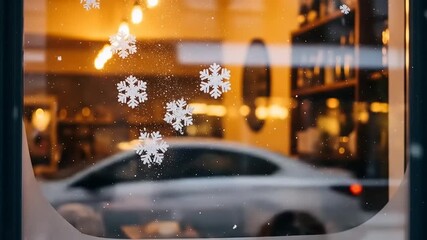 Snowflake Decorations on a Cafe Window at Night. - Powered by Adobe