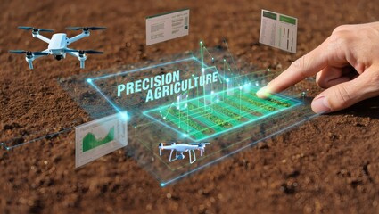 Innovative smart farming concept with a farmer using a futuristic holographic interface and drones for crop management and data analysis