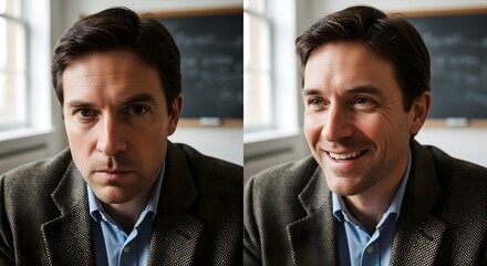 A professional man in a business setting displaying serious and smiling expressions, capturing different moods in an office environment with a blackboard in the background